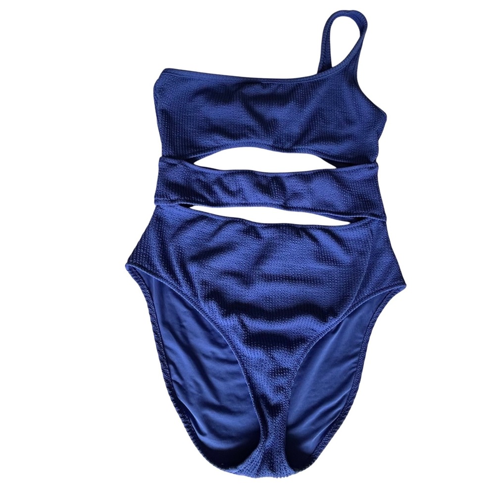 Aerie Real Good Blue Waffle Knit One Shoulder Cutout One Piece Swimsuit Large